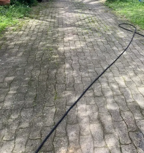 Une allée pavée verdie par la mousse, avant le nettoyage.